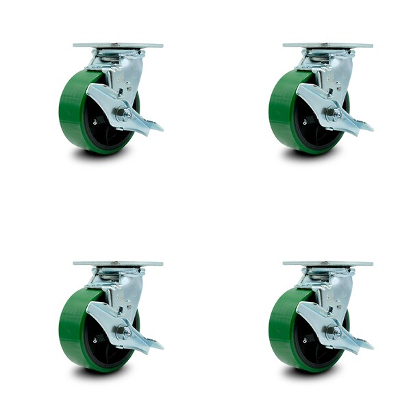 Service Caster 5 Inch Green Poly on Steel Caster Set with Roller Bearings and Brake/Swivel Lock SCC-30CS520-PUR-GB-TLB-BSL-4 - main
